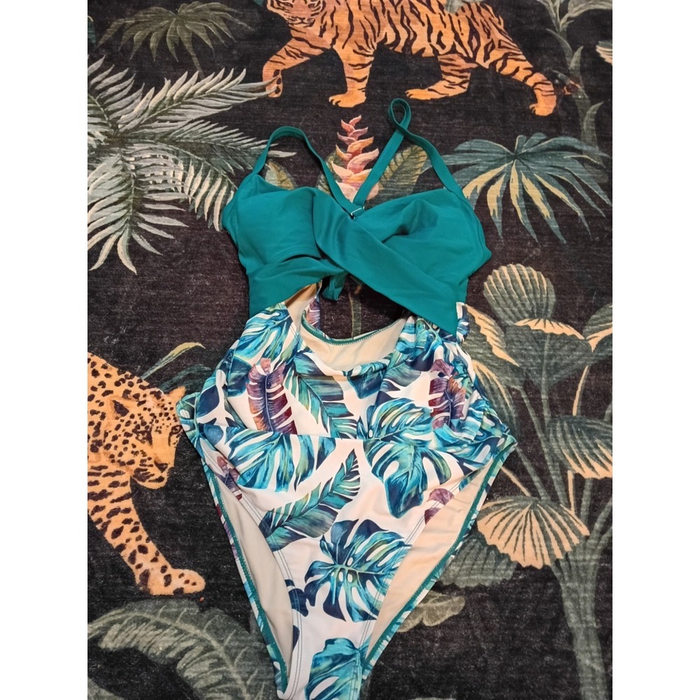 EOMENIE One Piece Push Up Cut out Swimsuit Teal Tropical Print Women's Large L
